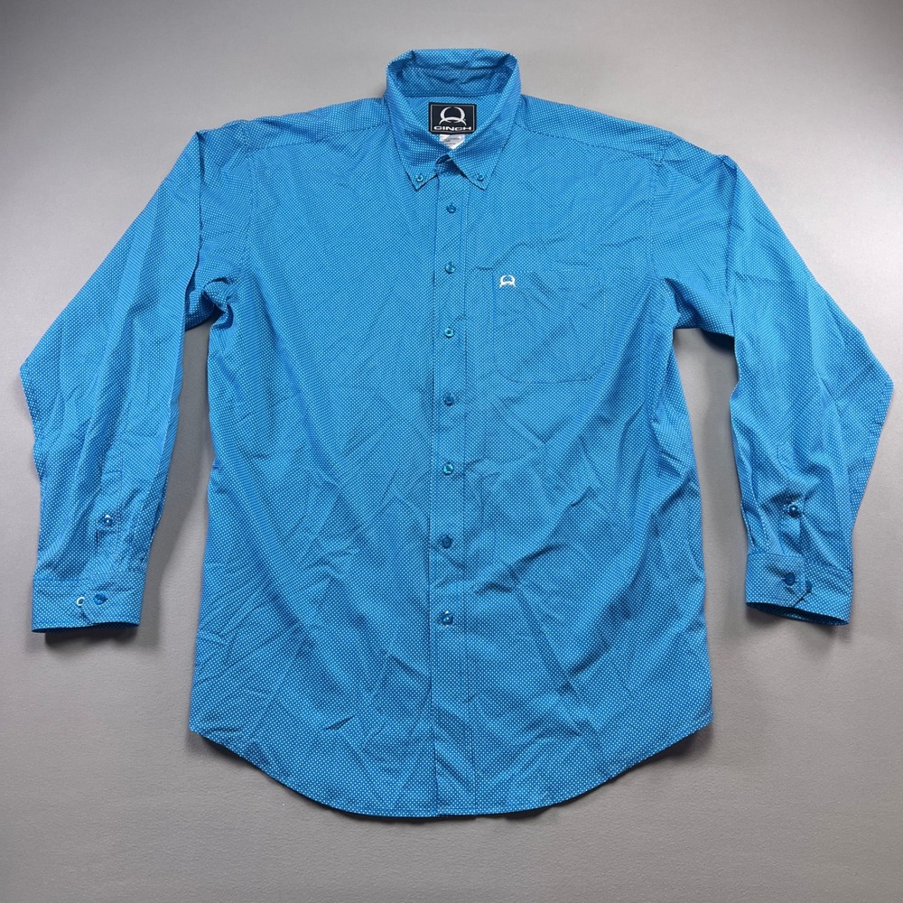 Cinch Shirt Mens XL Blue White Polka Dot Stretch Single Chest Pocket Button Down